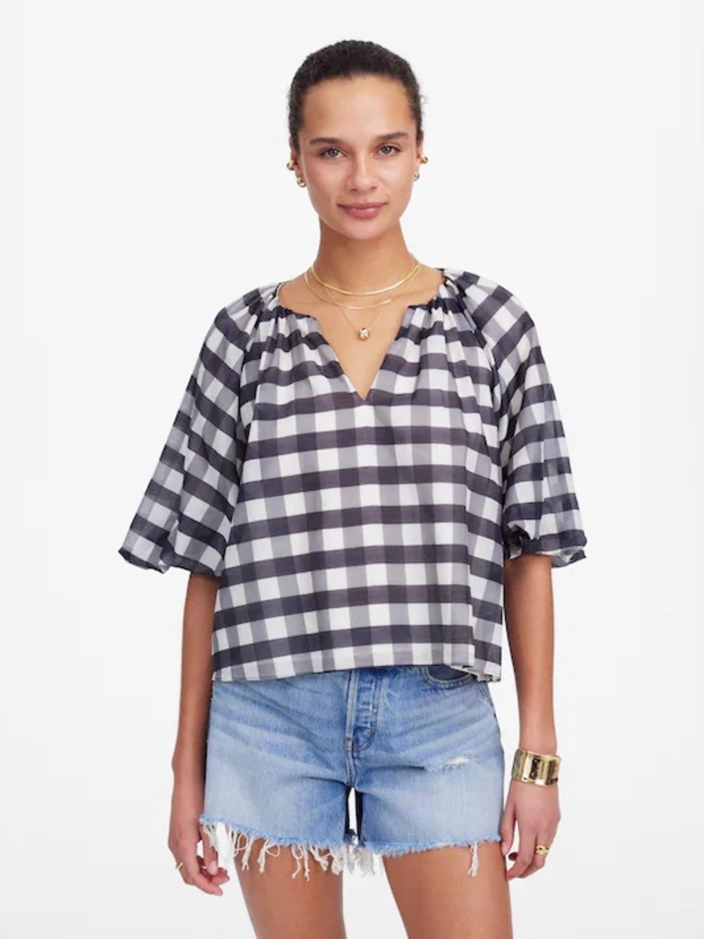 NWT Madewell Black and White Gingham V-Neck Peasant Top